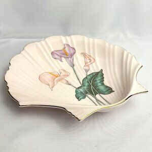 Yamaji Vintage Pink Shell Scallop Ceramic Dish Calla Lily Floral Design Japan